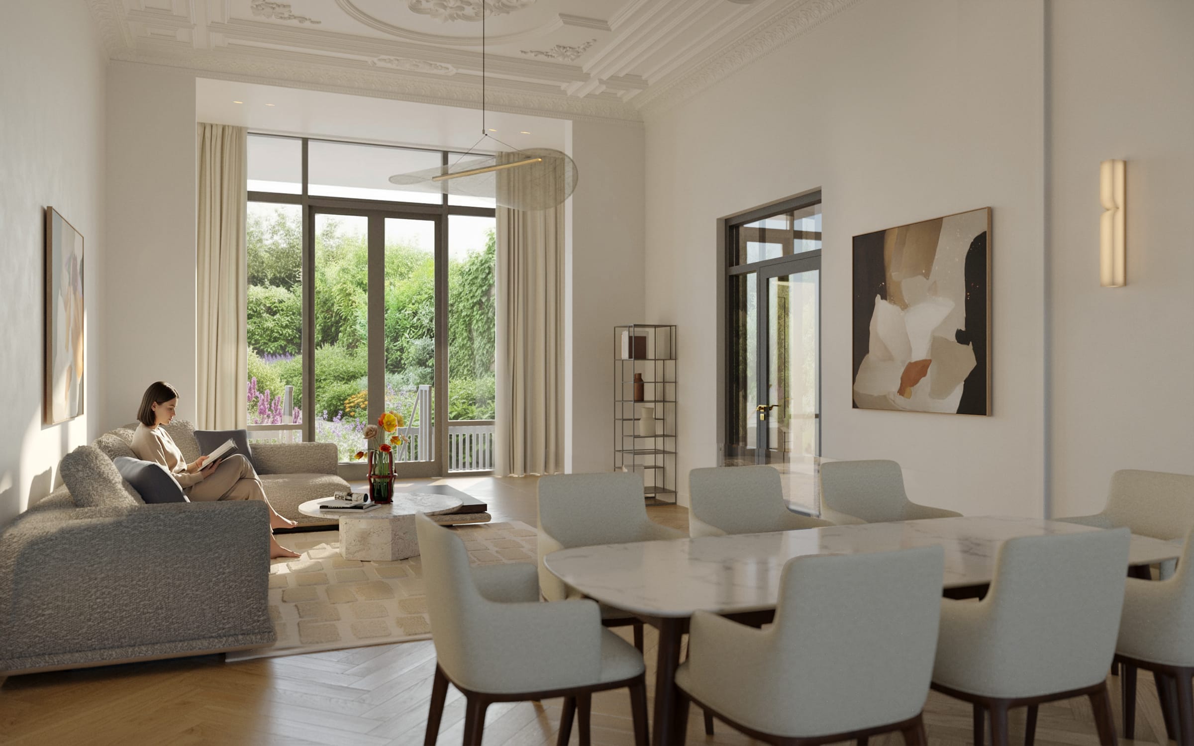 Royale woonkamer op de beletage met tuinzicht
