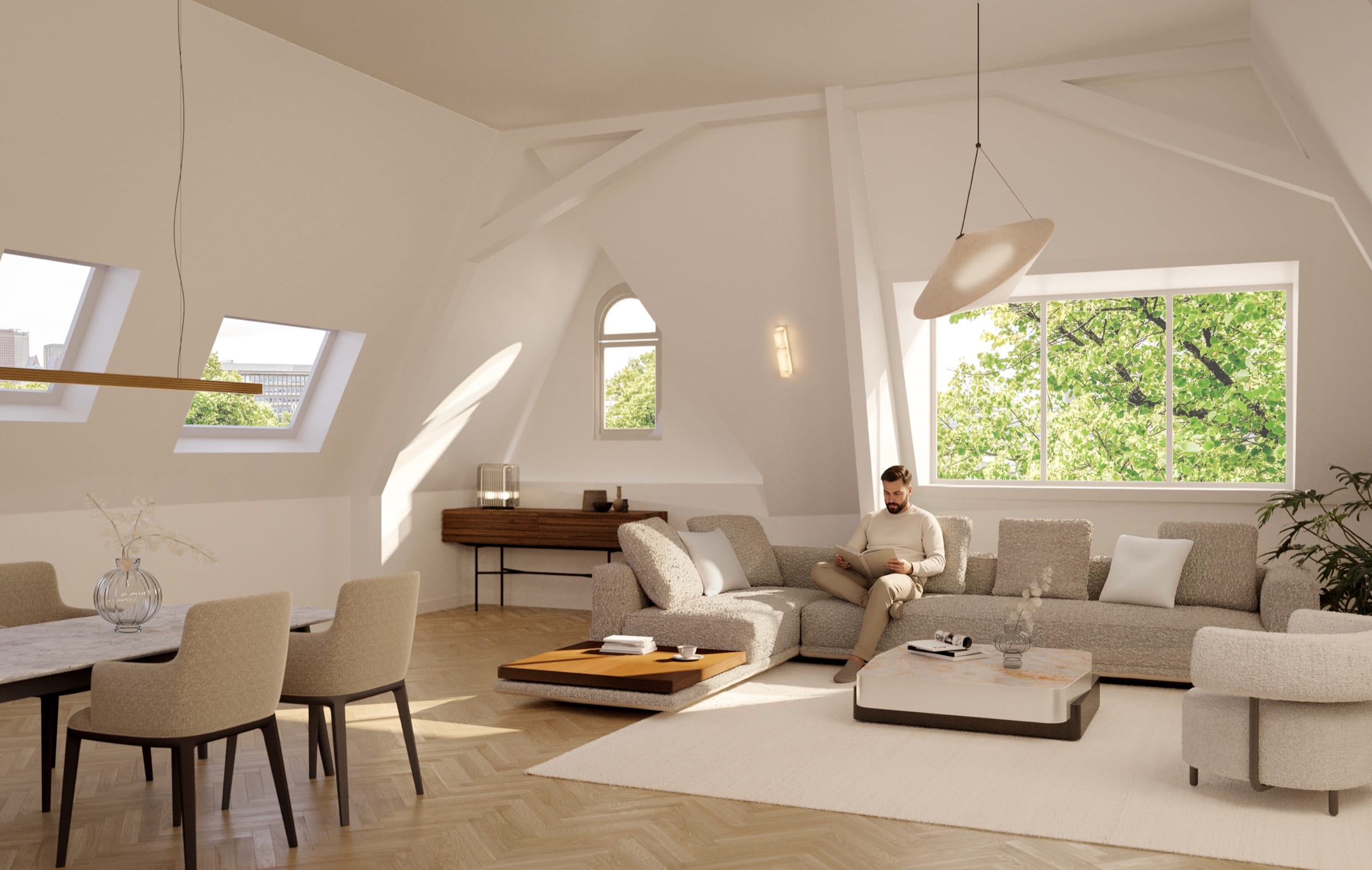 Penthouse-woonkamer met dakbalken op de derde verdieping